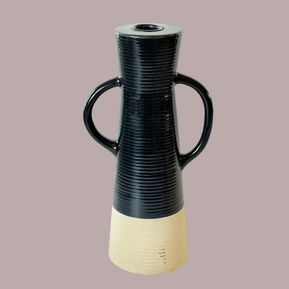 Crate & Barrel Sibely Navy & Beige Ceramic Candlestick Holder 9 5/8”